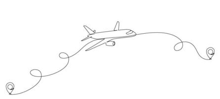 Airplane flight routes drawn with a single editable line. Continuous single line vector drawing of airplane flight concept with indication of start and end point of the trip.