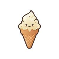 Cute ice cream waffle cone isolated on white background. Kawaii style with funny face. Cartoon sweet character. Vector Illustration.