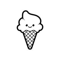 Ice cream dessert kawaii in a waffle cup, black outline, vector illustration in doodle style.