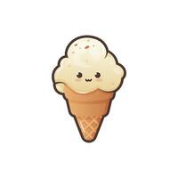 Cute ice cream waffle cone isolated on white background. Kawaii style with funny face. Cartoon sweet character. Vector Illustration.