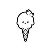 Ice cream dessert kawaii in a waffle cup, black outline, vector illustration in doodle style.