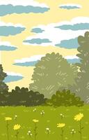 Potrait Wallpaper of views of flowers and trees with a yellow sky and clouds background vector