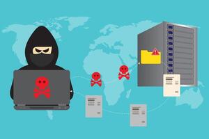 Hacker Using Computer Server to Activity Hacked Database, Network Storage, Social Account, Credit Card or Security. Background Vector Illustration.