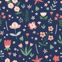 Simple seamless pattern with hand drawn spring red and pink flowers on dark blue background vector