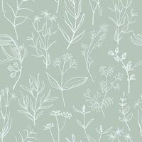 Simple hand drawn plants on green background seamless pattern. Elegant floral vector illustration