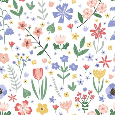 Cute seamless pattern with rustic hand drawn spring flowers on white background