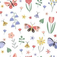 Seamless pattern with butterflies and different flowers in childish style. Simple springtime design vector