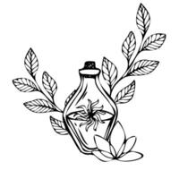 Composition from a bottle with a potion with leaves and a lotus flower. Black outline vector illustration from isolated objects. Art for prints, cards, design, logo, tattoo, book. Magic line elements.