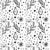 Seamless vector pattern. bottle with potion, leaves, lotus flower and starts, hearts, dots. Black outline vector illustration from isolated objects. Art for prints, book. Magic line elements