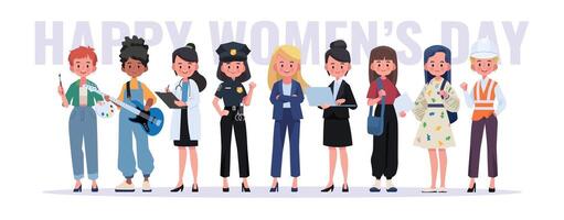 International Women's Day. Crowd of women of diverse age, races and occupation. happy women's day. vector