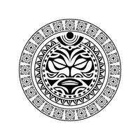 Round tattoo ornament with sun face maori style. African, aztecs or mayan ethnic mask. vector