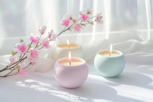 AI generated Candle holders with pastel candles and spring decor. Generative AI photo