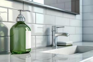 AI generated Shampoo green bottle mockup with blank label in bathroom. Minimalist style. Generative AI photo