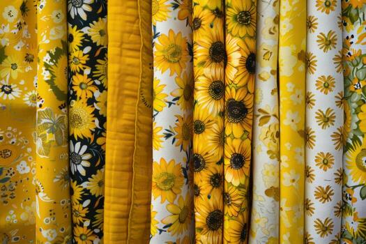 AI generated Fabric pattern background in yellow colors. Mix textile fabrics. Generative AI photo