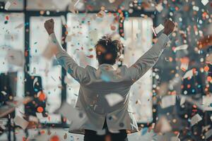 AI generated Rear view of happy businessman celebrates success with confetti in office. Generative AI photo