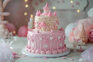 AI generated Cute princess themed birthday cake for a little girl with intricate decorations. Generative AI photo