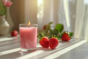 AI generated Strawberry scented candle. Romantic concept. Lit candles with strawberries and summer decorations. Generative AI photo
