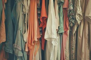 AI generated Open closet with unorganized random colorful hanging clothes. Generative AI photo