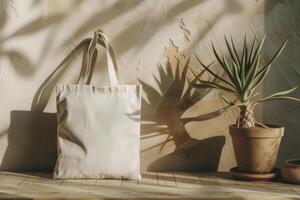 AI generated Blank canvas tote mockup on a table with a decorative plant. Generative AI photo