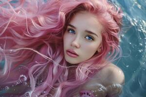 ai generado hermosa mar sirena con fluido rosado cabello. generativo ai foto