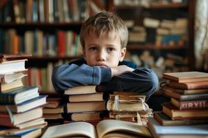 AI generated Sad tired frustrated boy sitting at the table with many books. Generative AI photo