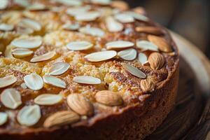 AI generated Moist almond cake topped with sliced almonds. Generative AI photo