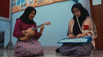 dois jovem mulheres dentro hijabs jogando musical instrumentos dentro de casa. video