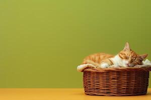 AI generated Orange cat sleeping in a wicker basket photo