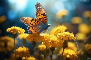 ai generado hermosa mariposa insecto posarse en amarillo flores foto