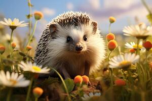 AI generated Cute Hedgehog Playing in a Flowering Meadow photo