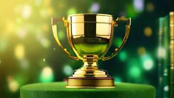 ai generado dorado taza premio premio trofeo para ganador campeón competencia Copiar espacio para texto en bokeh antecedentes foto