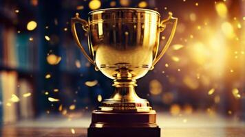 AI generated golden cup award prize trophy for winner champion competition copy space for text on bokeh background photo