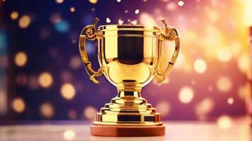 AI generated golden cup award prize trophy for winner champion competition copy space for text on bokeh background photo