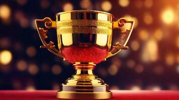 AI generated golden cup award prize trophy for winner champion competition copy space for text on bokeh background photo