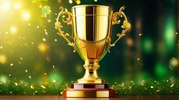 ai generado dorado taza premio premio trofeo para ganador campeón competencia Copiar espacio para texto en bokeh antecedentes foto