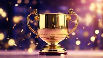 AI generated golden cup award prize trophy for winner champion competition copy space for text on bokeh background photo