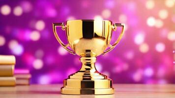 AI generated golden cup award prize trophy for winner champion competition copy space for text on bokeh background photo