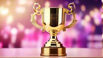 AI generated golden cup award prize trophy for winner champion competition copy space for text on bokeh background photo