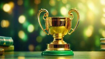 AI generated golden cup award prize trophy for winner champion competition copy space for text on bokeh background photo