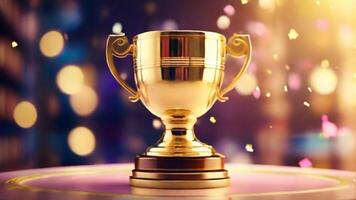 ai generado dorado taza premio premio trofeo para ganador campeón competencia Copiar espacio para texto en bokeh antecedentes foto