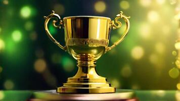 ai generado dorado taza premio premio trofeo para ganador campeón competencia Copiar espacio para texto en bokeh antecedentes foto