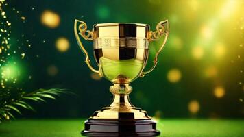 AI generated golden cup award prize trophy for winner champion competition copy space for text on bokeh background photo