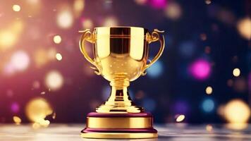 AI generated golden cup award prize trophy for winner champion competition copy space for text on bokeh background photo