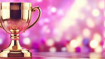 AI generated golden cup award prize trophy for winner champion competition copy space for text on bokeh background photo