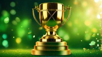 AI generated golden cup award prize trophy for winner champion competition copy space for text on bokeh background photo