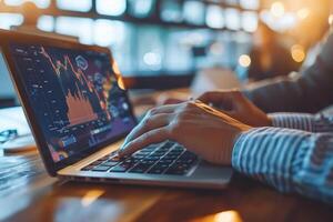 AI generated An individual examines complex financial charts on a laptop, highlighting the use of technology in modern financial analysis and stock market monitoring. photo