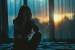 AI generated Depression woman sadly and serious have problems mental health. sits in contemplation by a window, with the sunset casting a warm glow inside the room. Depressed health concept. photo