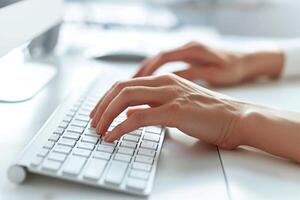 AI generated Hands Typing on a White Computer Keyboard. Close-up of female hands gently typing on a sleek white keyboard, signifying modern work and clean design in a bright office environment. photo