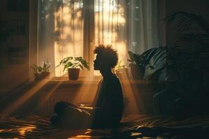AI generated Depression man sadly and serious have problems mental health. sits in contemplation by a window, with the sunset casting a warm glow inside the room. Depressed health concept. photo