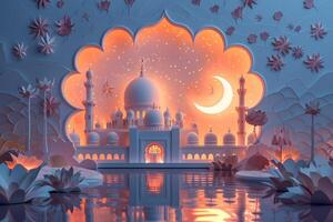 AI generated Intricate Paper Art of Islamic Architecture. A beautifully crafted paper art diorama depicting Islamic architecture with a crescent moon and stars in a night sky. photo